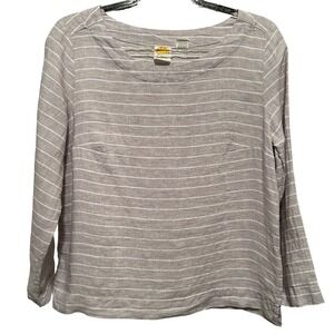 C&C California Striped Linen Long Sleeve Top Women Size S Beige White Boat Neck